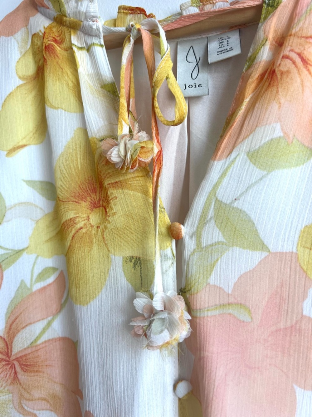 Joie Floral Tie-Neck Feminine Blouse - Yellow & Peach Hippie Indi Boho Summer - Picture 3 of 10